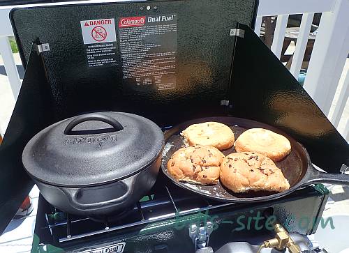 Coleman Guide Series Dual Fuel camp stove while we make our smoked hamburgers