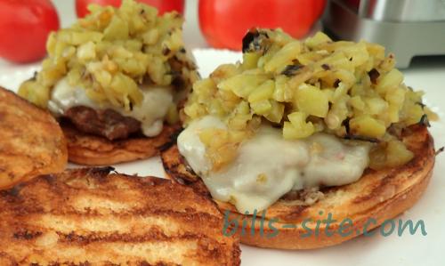 close-up view of our smoked green chili cheeseburgers