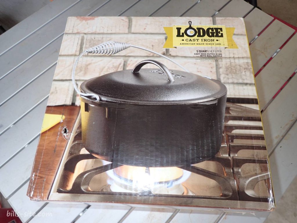 The Lodge five quart cast iron dutch oven just off the Amazon delivery truck