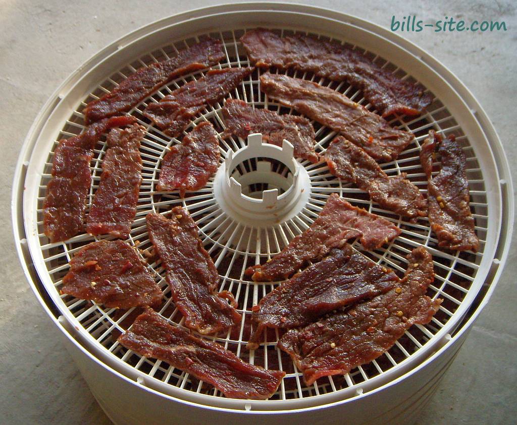 beef jerky strips on Nesco FD-61 ready for drying